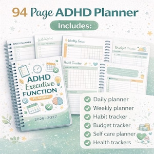Planificador de funciones ejecutivas para TDAH: diario, semanal, de hábitos y presupuesto (descarga digital)