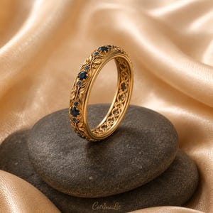 Blue Sapphire Floral Ring, Gold Botanical Gemstone Ring, Vintage Statement Band, Art Nouveau Promise Ring, Anniversary Gift for Her