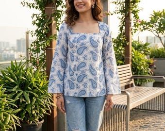 Kurti in cotone con stampa paisley blu