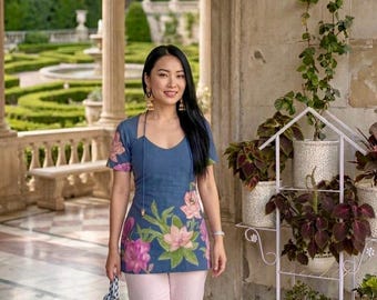 Elegant Floral Tunic Top for Women , Blue Printed Tunic with Pink Flowers |