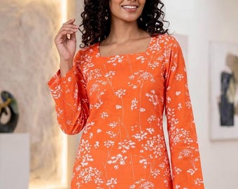 Orange Floral Cotton Kurti for Women