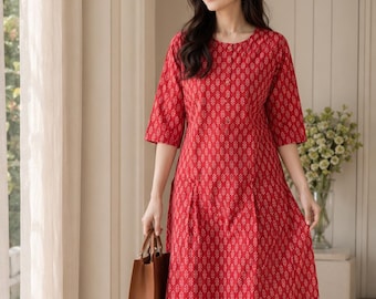 Women's Red Cotton Kurta Top , Indian Printed Tunic , Casual Summer Kurti