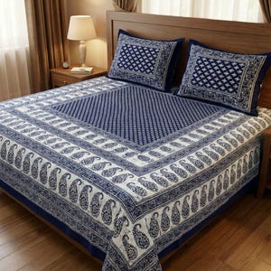 King Size Cotton Block Print Bedsheet – Blue Indian Floral Bedding Set (100x108)