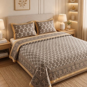 May include: A bedspread and two matching pillowcases featuring a dark brown and white lattice pattern with a solid tan border. The set includes the text SKIN FRIENDLY COTTON and the dimensions 108*108 [9 BY 9] cm printed on the image.
