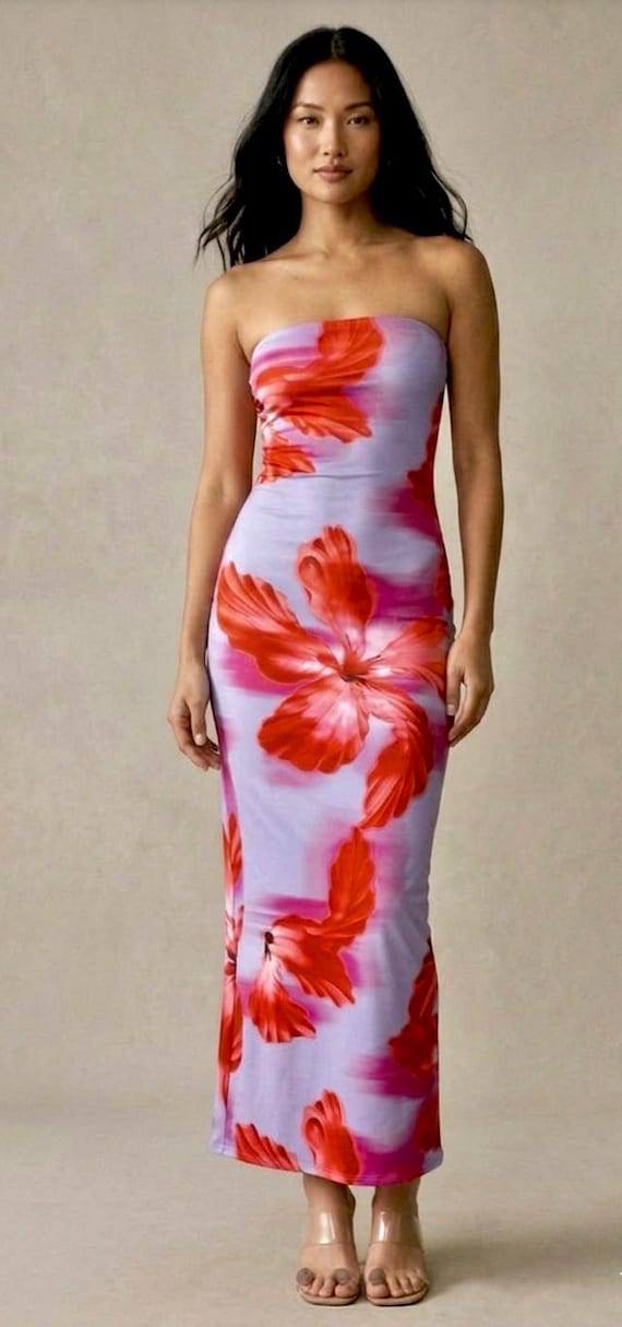 maxi floral bodycon dress for women Alexandranx Pink Floral Print Maxi Bodycon Dress Women's Long Sleeve Satin Black White Strapless Slim Fit Knitted Fabric Sexy Elegant Weddin,M