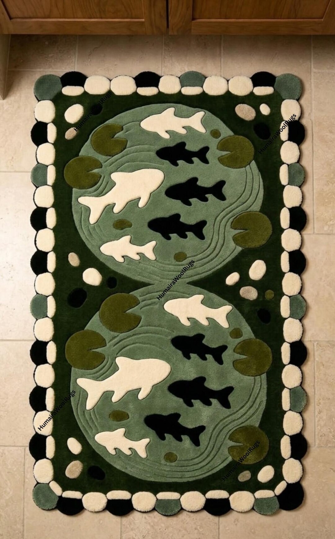 Hand Tufted Wool Green Koi Pond Fish Rug, Kids Room Pond Animal Pattern ...