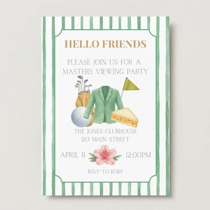 Op de afbeelding: Waterverf uitnodiging met een groen en wit gestreepte rand. De uitnodiging luidt "HELLO FRIENDS" en nodigt gasten uit voor een Masters viewing party. Illustraties: golfbal, jas, golftas en sandwich.