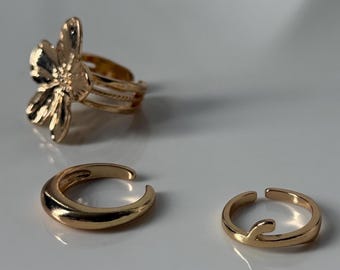 14K vergulde aanslagvrije ringenset | Stapelbare bandjes met statement wilde bloemen