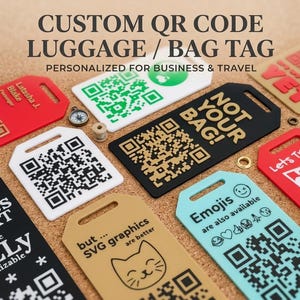 May include: A collection of rectangular luggage tags in various colours including red, white, black, tan, and light blue. Each tag features a unique QR code, custom text, or graphic designs such as a cat face, world map, and emojis.