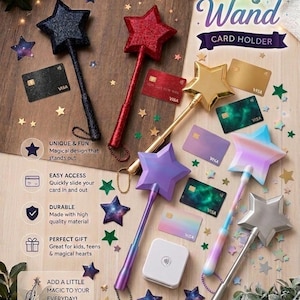 May include: Five star-shaped card holders in black glitter, red glitter, gold metallic, purple gradient, and silver metallic finishes. Each wand features a handle and a star topper designed to hold a credit card. Scattered star confetti and various Visa credit cards are displayed alongside a white square card reader.