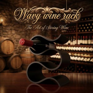 May include: A black, S-shaped wavy wine rack holding a single wine bottle with a red cap. Above the rack, gold text reads Wavy wine rack and The Art of Storing Wine in a decorative script font, set against a dark, blurred wine cellar background.