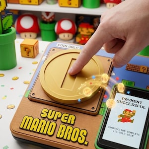 May include: A Super Mario Bros. themed payment terminal featuring a large gold coin button labelled COIN ONLY. A digital screen displays the text PAYMENT SUCCESSFUL and TRANSACTION COMPLETE via GOLD COIN with a pixelated Mario character graphic.