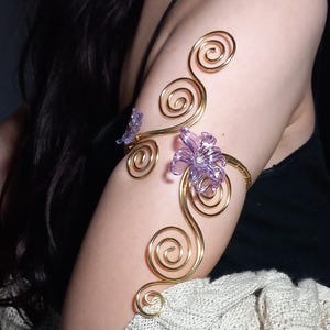 Gold Wire Arm Cuff, Purple Flower Butterfly Bracelet, Elven Swirl Armlet, Fairycore Boho Chic