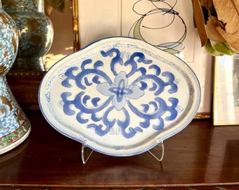 Vintage Chinoiserie Lotus Shaped Small Platter or Tray // Hand Painted Blue and White Saucer