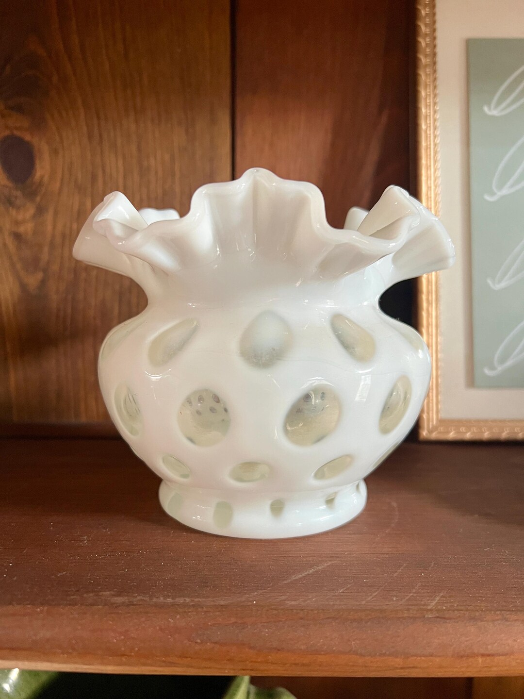 Vintage Fenton Coin Dot White Opalescent Ruffled Edge Bowl Vase - Etsy
