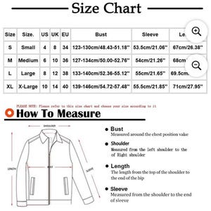 May include: A size chart with measurements in inches and centimeters for a jacket. Includes bust, sleeve, and length measurements for sizes S, M, L, and XL. Also shows how to measure bust, shoulder, length, and sleeve.