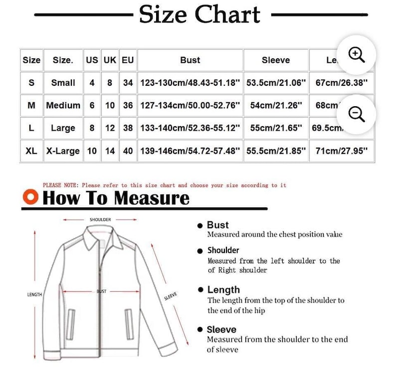 May include: A size chart with measurements in inches and centimeters for a jacket. Includes bust, sleeve, and length measurements for sizes S, M, L, and XL. Also shows how to measure bust, shoulder, length, and sleeve.