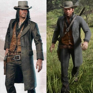 May include: Two images side-by-side of a man in a cowboy outfit. He wears a gray hat, long gray coat, brown vest, and dark pants. The outfit includes a gun belt and holster. The background of the first image is a light gray, while the second is a grassy field.