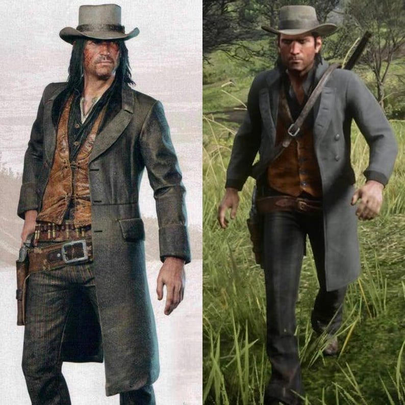 May include: Two images side-by-side of a man in a cowboy outfit. He wears a gray hat, long gray coat, brown vest, and dark pants. The outfit includes a gun belt and holster. The background of the first image is a light gray, while the second is a grassy field.