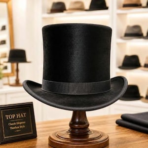 Könnte beinhalten: Ein schwarzer Zylinder mit einem passenden schwarzen Ripsband, präsentiert auf einem Holzständer. Neben dem Hut steht ein kleines rechteckiges Schild mit schwarzem Rahmen, das die Aufschrift trägt: TOP HAT, Classic Elegance, Timeless Style.