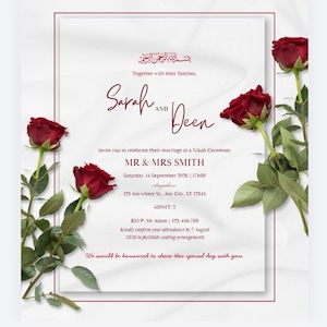 May include: A white wedding invitation card with dark red text and a red border, featuring the names Sarah and Deen. The card is decorated with four deep red roses with green stems and leaves, and includes details for a Nikah ceremony on September 14, 2026.