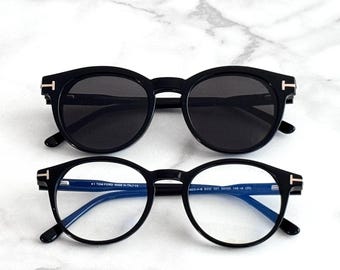 Óculos de sol Tom Ford redondos com clip-on, armação em acetato ecológico com bloqueio de luz azul, 50 mm