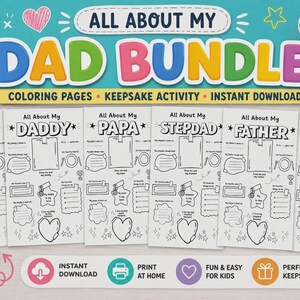 Puede incluir: Un conjunto de seis páginas para colorear con el título "All About My Dad Bundle". Las páginas ofrecen actividades para colorear y indicaciones de recuerdo para Papá, Papá, Papá, Padrastro, Padre y Abuelo. El diseño incluye corazones y estrellas.