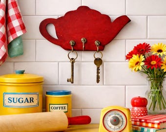 Vintage Teapot Key Holder | Red Wood Wall Hooks | Retro Kitchen Decor | Mid Century Folk Art Storage