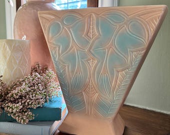 Mid Century Modern McCoy Style Art Pottery Vase | USA 291-F Peach Turquoise Leaf Relief | Sculptural Pedestal Vase 11”