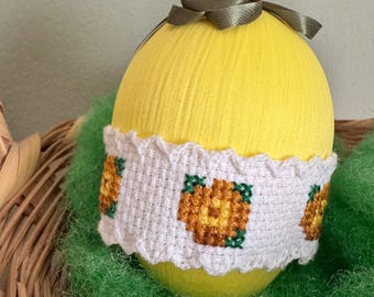 Vintage Easter Egg Ornament | Yellow Thread Wrapped Egg | Sunflower Cross Stitch Egg | Floral Ribbon Topper | Spring Decor