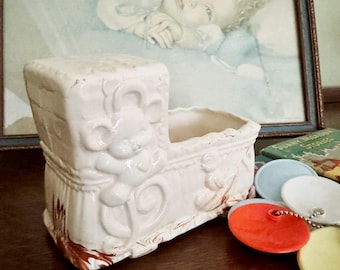 Vintage Baby Bassinet Planter | Marbled Ceramic Nursery Decor Teddy Bear Music Theme | Mid Century Japan Style Neutral Nursery
