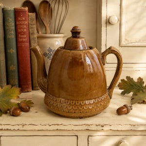May include: A glossy brown ceramic teapot with a lid, featuring a textured scale-like pattern around the base, a curved handle, and a spout. The teapot is positioned near three vintage books, a ceramic crock with kitchen utensils, and acorns.