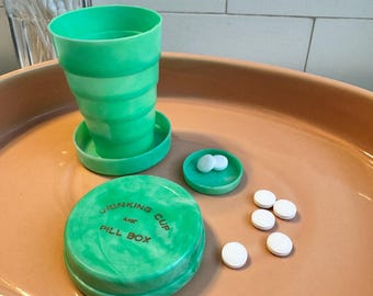 Vintage Collapsible Pill Box | Green Lucite Drinking Cup | Mid Century Travel Case | Novelty Vanity Storage
