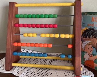 Vintage Sandberg Wood Abacus | Wooden Counting Toy | Colorful Bead Frame Nursery Decor | Retro Educational Toy Shelf Display