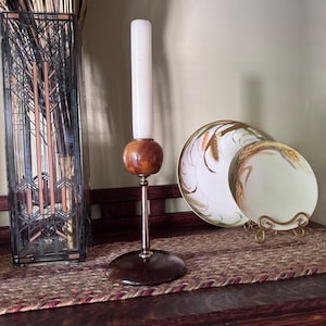 Vintage MCM Myrtlewood Candlestick | Wood & Brass Candle Holder | Single