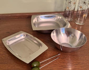 Mid Century Stainless Steel Hostess Set | Denmark Sweden 18-8 Serving Bowls Tray | MCM Entertaining Set Modernist Kitchen Decor
