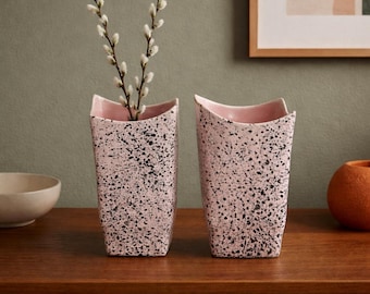 Vintage Pink Speckled Vase Pair | 1980s Ceramic Vases | Geometric Sculptural Decor | Black Splatter Pottery