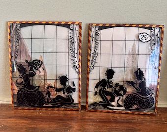 Vintage Reverse Painted Glass Silhouette Pair | Storybook Nursery Wall Art | Grandmillennial Decor | Framed Children Scenes Set