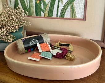 Vintage Abingdon Pottery Tray 9700 | Mid Century Vanity Catchall Dish Peach | Oval Ceramic Jewelry Tray USA 10x7.5