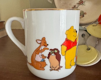 Vintage Winnie the Pooh Mug Walt Disney Productions Japan | Classic Pooh Characters Nursery Mug Gold Trim Mid Century Disney Collectible