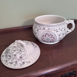 Victorian Transferware Cache Pot | Antique Covered Chamber Pot | Grandmillennial Cottage Decor | Toilette Set Vessel