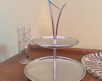 Vintage Chrome 2 Tier Serving Tray | Mid Century Modern Dessert Stand | Tidbit Stand | MCM Entertaining | Metal Serving Tray