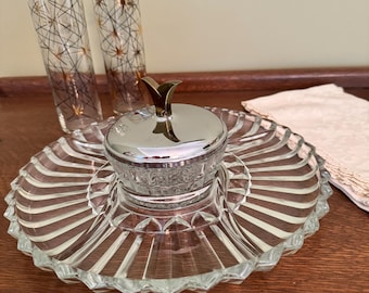 Vintage Glass Relish Tray with Lidded Dip Bowl | MCM Divided Serving Tray | Crudite Appetizer Platter | Mid Century Entertaining