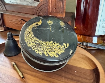 Vintage Tindeco Peacock Tin | 1920s Art Deco Black Gold Box | Antique Tobacco Candy Tin | Grandpa Chic Decor | Small Storage