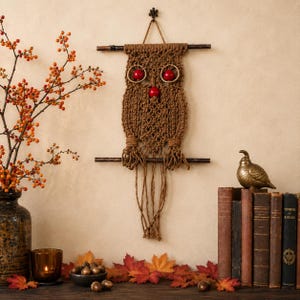 May include: A brown macrame owl wall hanging suspended from two dark wooden dowels. The owl features two large gold-toned rings for eyes with red beads in the center and a single red bead for a nose. The body is crafted from knotted brown cord.
