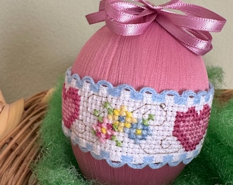 Vintage Easter Egg Ornament | Rose Thread Wrapped Egg | Heart Cross Stitch Egg | Floral Motif Egg | Cottagecore Spring Decor