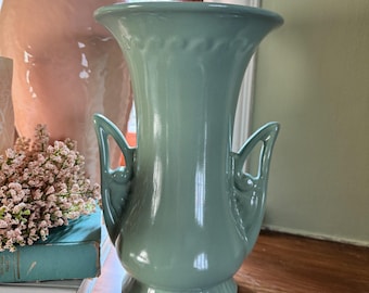 Abingdon Art Deco Green Vase | Double Handle Trophy Form | 1930s USA Pottery | Sculptural Fan Rim Floral Vase 10 Inch