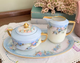 Antique Blue Floral Creamer Sugar Tray Set | Bavaria Hand Painted Porcelain Thomas China | Gilt Cottage Tea Set