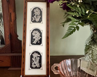 Vintage Lace Framed Art Panel | Floral Needle Lace Motifs | Black Background Textile Art | Narrow Wall Decor | Cottagecore Victorian Style