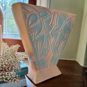 Large Architectural Art Pottery Vase | Peach Turquoise Relief Vase | USA 291-F Possible Stanford
